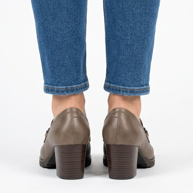 Andrea Block Heel Buckle Loafers in Taupe