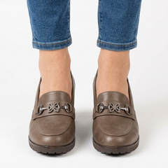 Andrea Block Heel Buckle Loafers in Taupe
