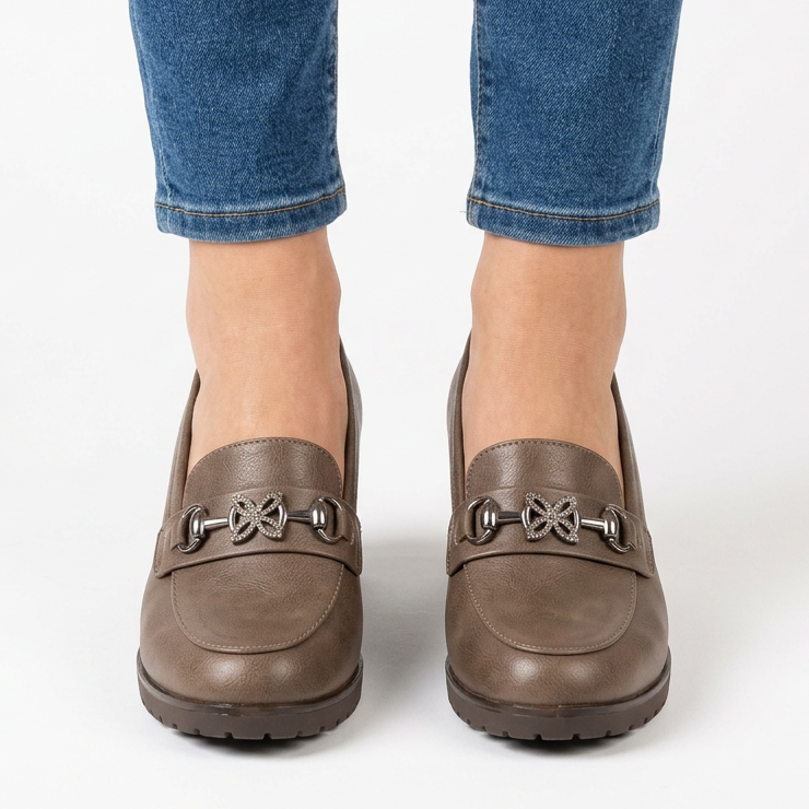 Andrea Block Heel Buckle Loafers in Taupe