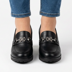Andrea Block Heel Buckle Loafers in Black