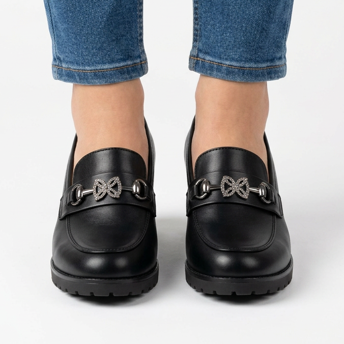 Andrea Block Heel Buckle Loafers in Black