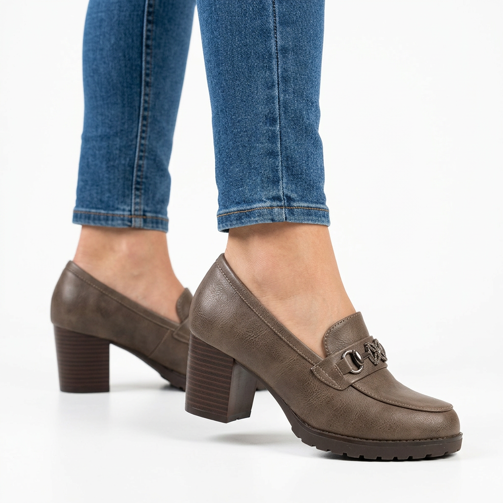 Andrea Block Heel Buckle Loafers in Taupe