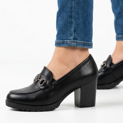 Andrea Block Heel Buckle Loafers in Black