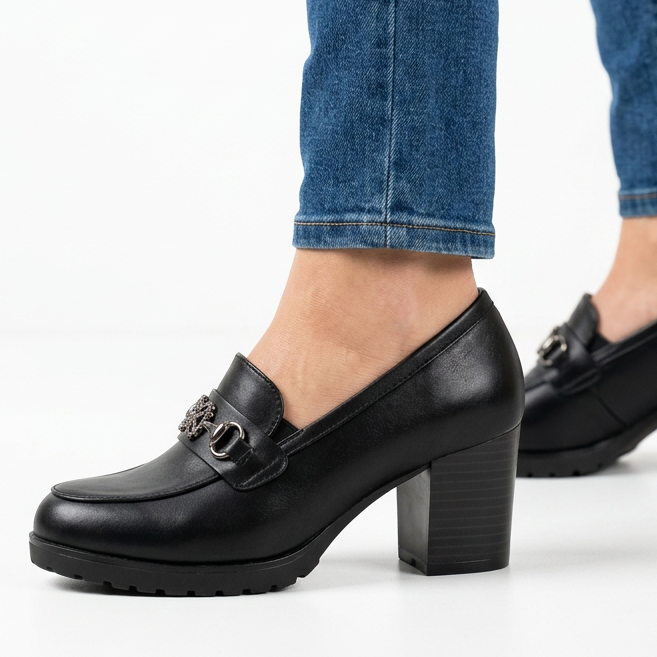 Andrea Block Heel Buckle Loafers in Black