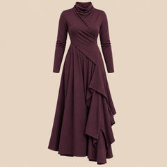 Veronica Draped Roll Neck Maxi Dress in Plum, the whole piece laid flat