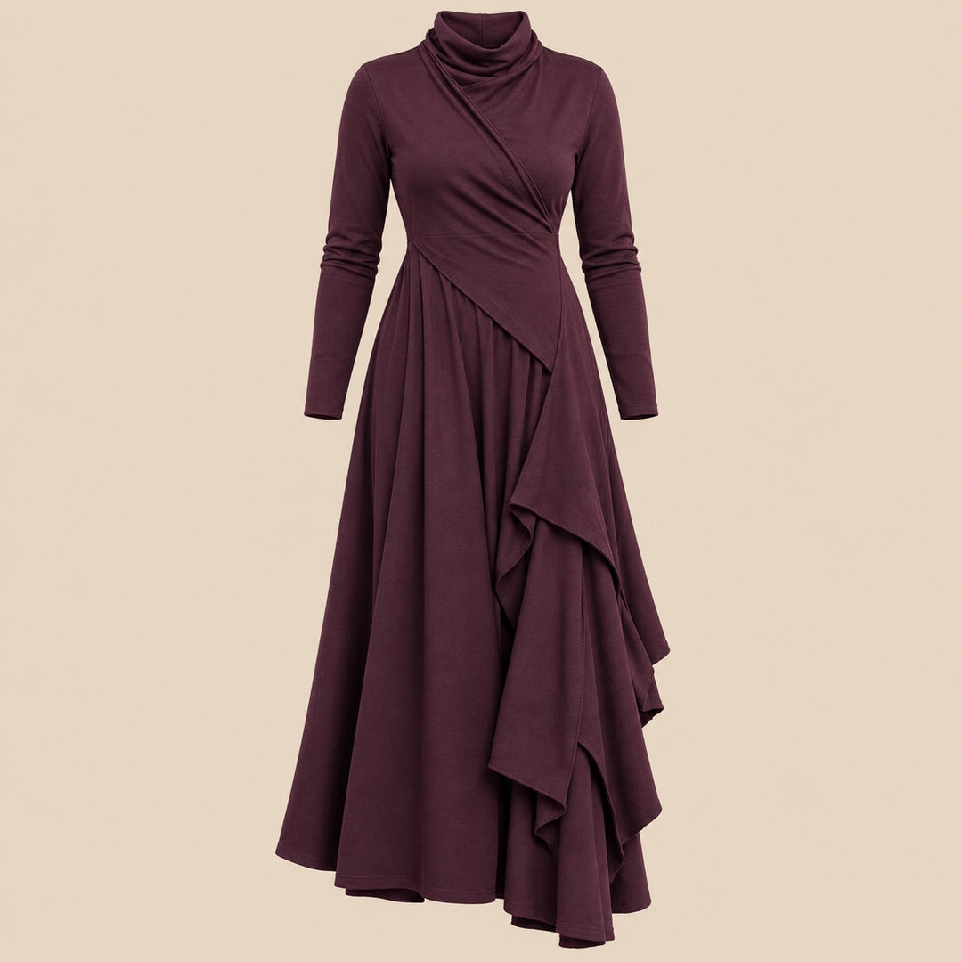 Veronica Draped Roll Neck Maxi Dress in Plum, the whole piece laid flat