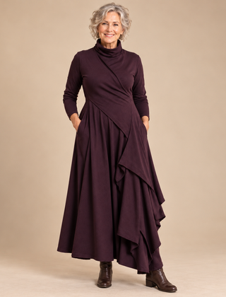 Veronica Draped Roll Neck Maxi Dress in Plum