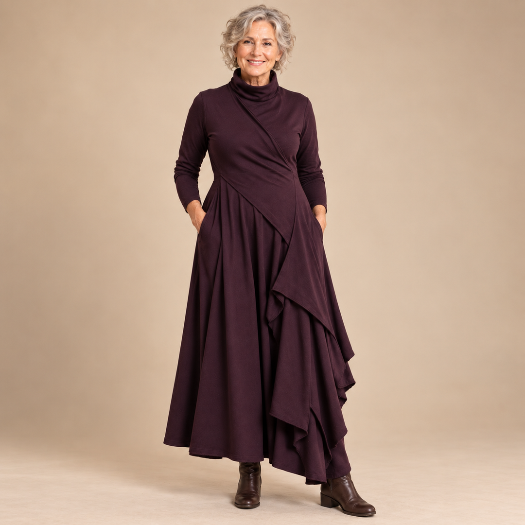 Veronica Draped Roll Neck Maxi Dress in Plum