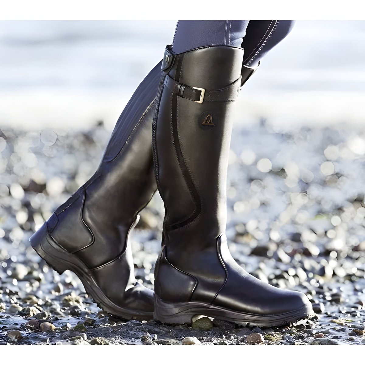 Joanne Buckle Strap Knee-High Riding Boots in Black