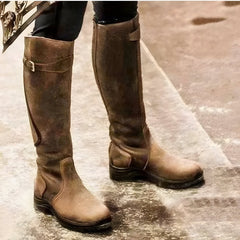 Joanne Buckle Strap Knee-High Riding Boots in Brown