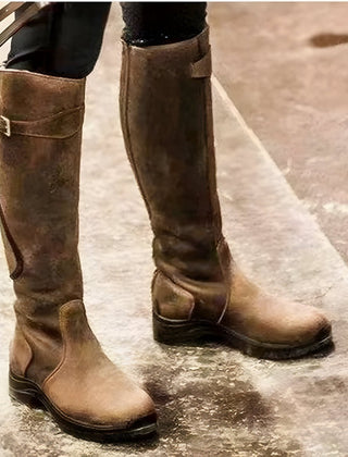 Joanne Buckle Strap Knee-High Riding Boots in Brown