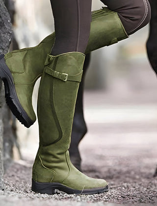 Joanne Buckle Strap Knee-High Riding Boots in Green
